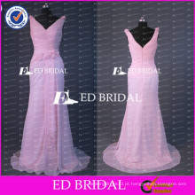 Real Sample V Neck Pink Pêssego Chiffon A Line Long Prom Vestido Com Handmade Flowers Sash